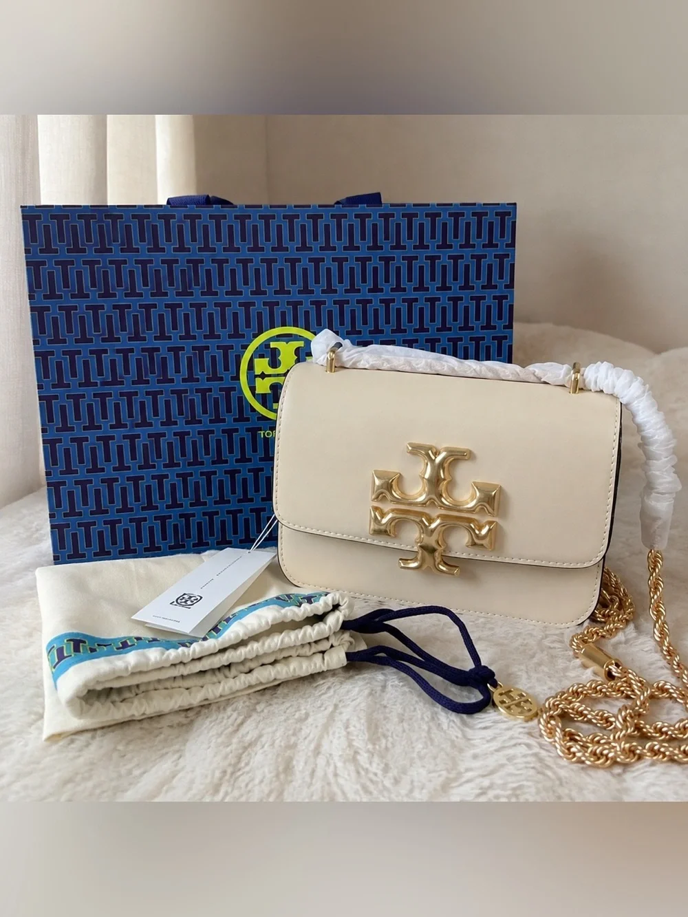 Tory Burch Cream Leather Logo Crossbody Bag with Gold Hardware